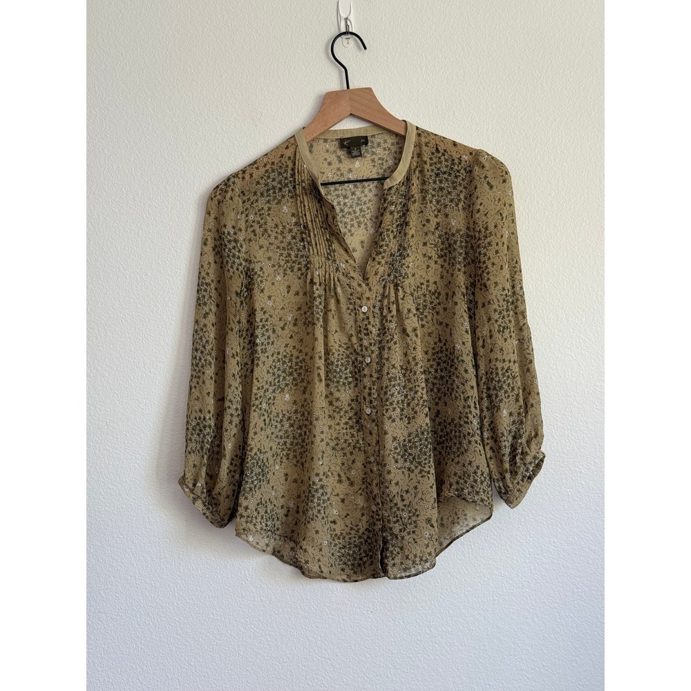Fei Anthropologie Silk Blouse 4 Olive Green Floral Pleated Boho Sheer Button Up